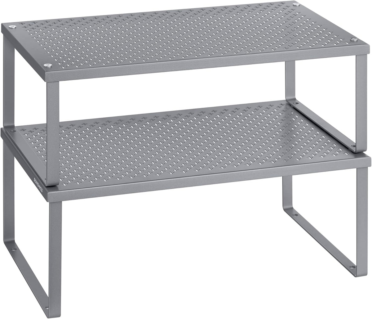 SONGMICS Spice Racks, Set of 2 Metal Cabinet Shelf Organizers, Countertop Organizers, Shelf Risers, Stackable, Expandable, Silver UKCS401G01