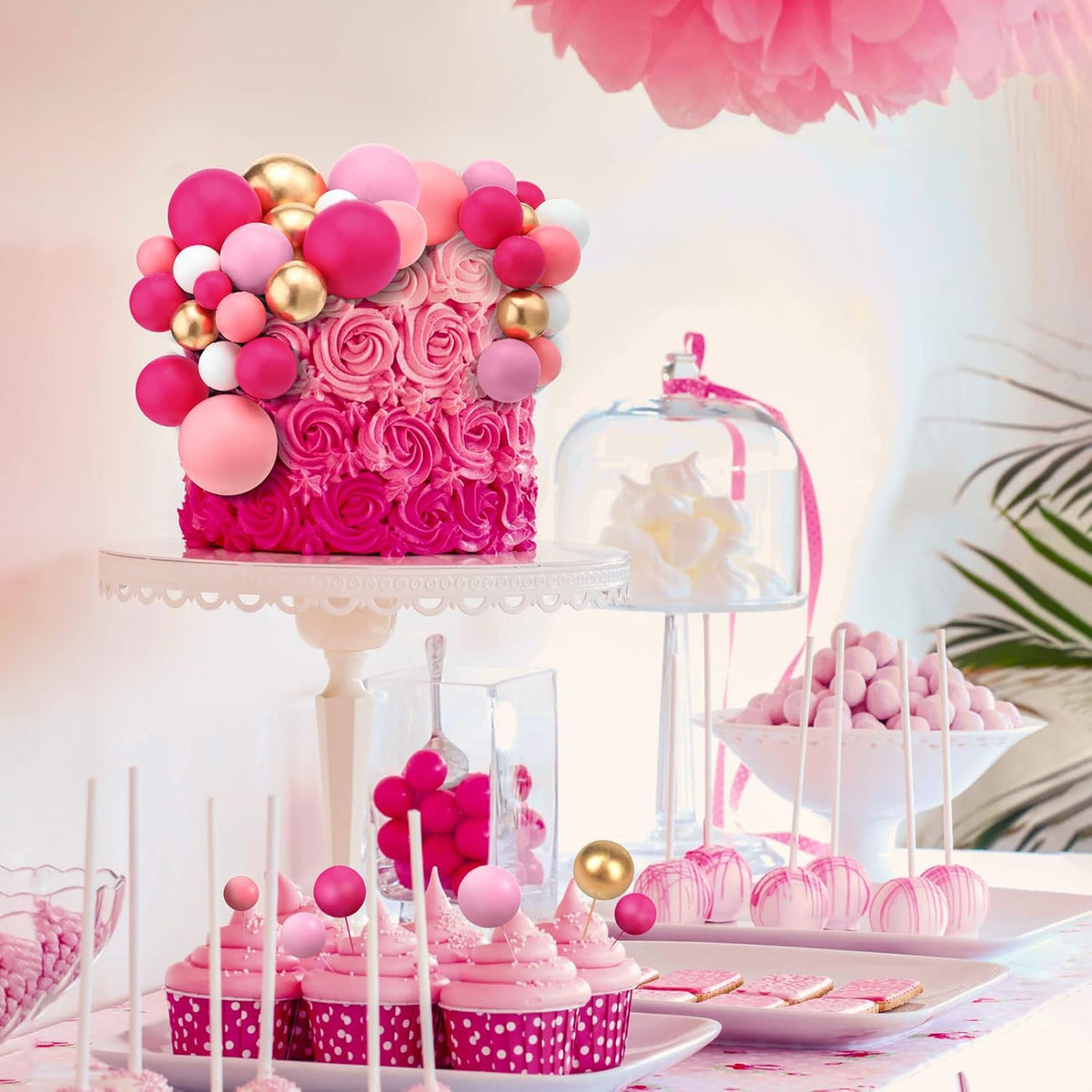 108 Pcs Balls Cake Topper DIY Cupcake Insert Foam Balloons for Cake Baking Wedding Anniversary Birthday Decoration(Pink Series, White, Gold,Multi Sizes)