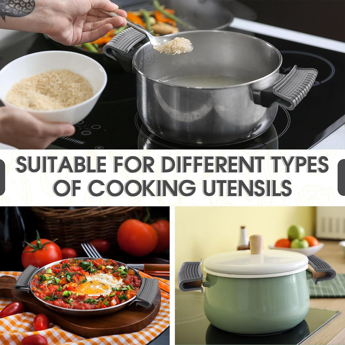 Patelai 4 Pcs Silicone Assist Hot Pan Handle Holder Pot Handle Covers for Cast Iron Skillets Holder Sleeve Nonslip Heat Resistant Pan Cover for Enameled Griddles Casserole Frying Cookware(Light Gray)