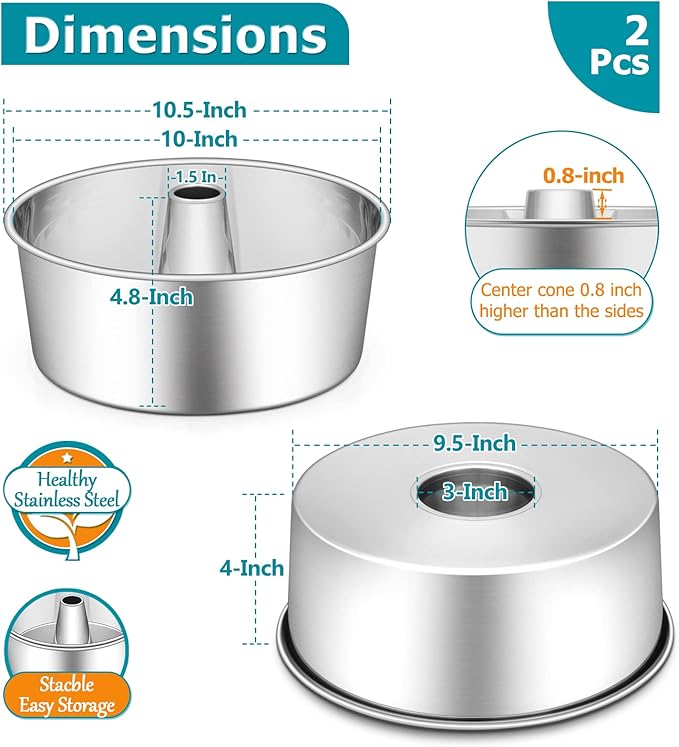 E-far Angel Food Cake Pan Set of 2, 10-Inch Stainless Steel Tube Pan for Baking Pound Chiffon Cake, One-piece Design & Non-toxic, Dishwasher Safe