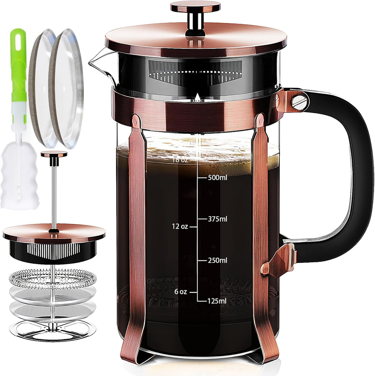 French Press Coffee Maker 304 Stainless Steel Coffee Press,with 4 Filters System, Heat Resistant Thickness Borosilicate French Press Glass, BPA-Free Brewed Tea Pot Coffee Plunger(Copper 12oz)