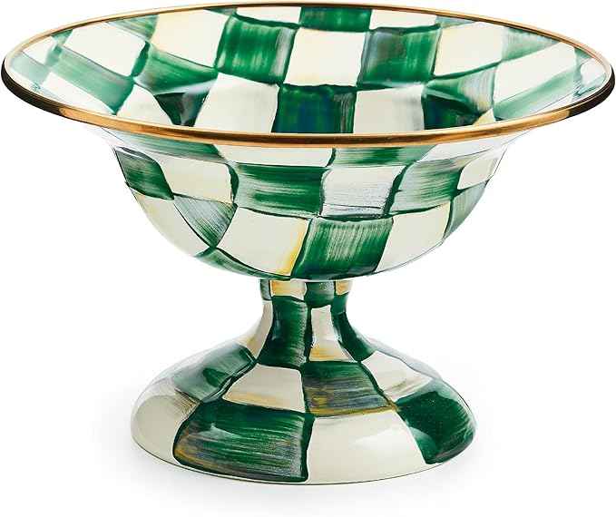 MACKENZIE-CHILDS Enamel Compote, Cute Enamel Pedestal Serving Dish or Decorative Bowl, Small, Green-and-White Emerald Check