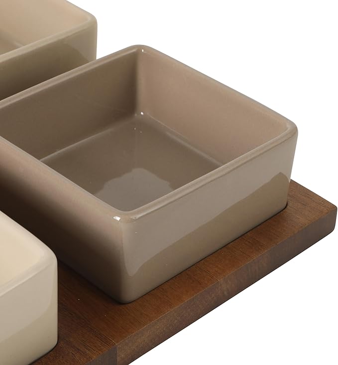 Gibson Elite 4-Piece Stoneware Tidbit, Condiment & Dip Dish Set with Acacia Wood Tray – Taupe Square Appetizer, Snack, Topping & Entertaining Server