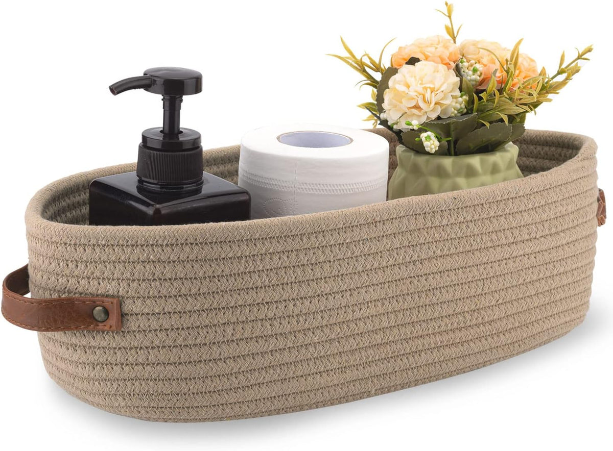 Storage Basket Boho Decor Baskets for Organizing Woven Decorative Basket for Countertop Toilet Paper Basket for Toilet Tank Top Shelf Basket with Handle Khaki