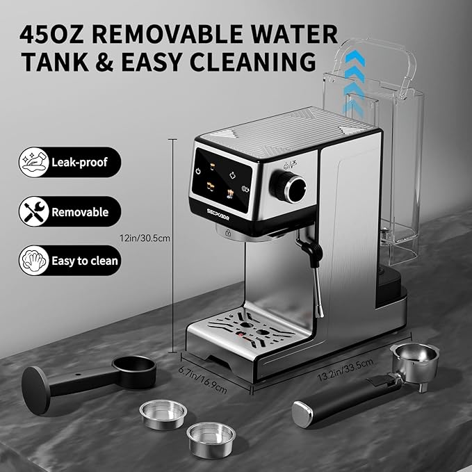 20Bar Espresso Machine with Hot & Rapid Cold Brew, Stainless Steel Coffee Makers, Cappuccino Latte Machine with Milk Frother Steam Wand for Home, 45oz Removable Water Tank, Touchscreen, Silver