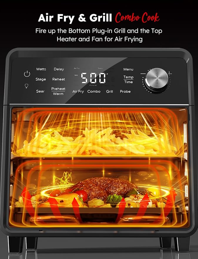 Nuwave Plug-In Grill Air Fryer Oven Combo w/Sheath Heaters, Authentic Char Flavor, 2024 New Convection System, 2X More Even, 100 Presets, Smarter Probe, 50-550°F, Stainless Steel