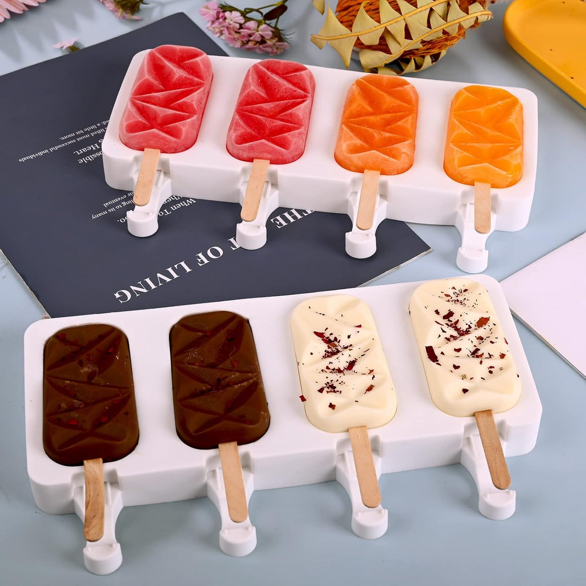 Sakolla 2 Pack Silicone Popsicle Molds, 4 Cavities Diamond Ice Cream Molds with 50 Wooden Sticks for Ice pop, Cake Pop, Cakesicles (White)