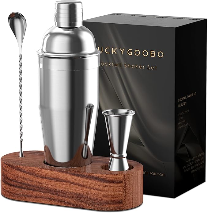 LUCKYGOOBO Cocktail Shaker Set,24 oz Martini Shaker,Bartender Kit with Stand,Stainless Steel Martini Mixer Built-in Strainer,Bar Tool Set,Drink Shaker,Fun Gifts.