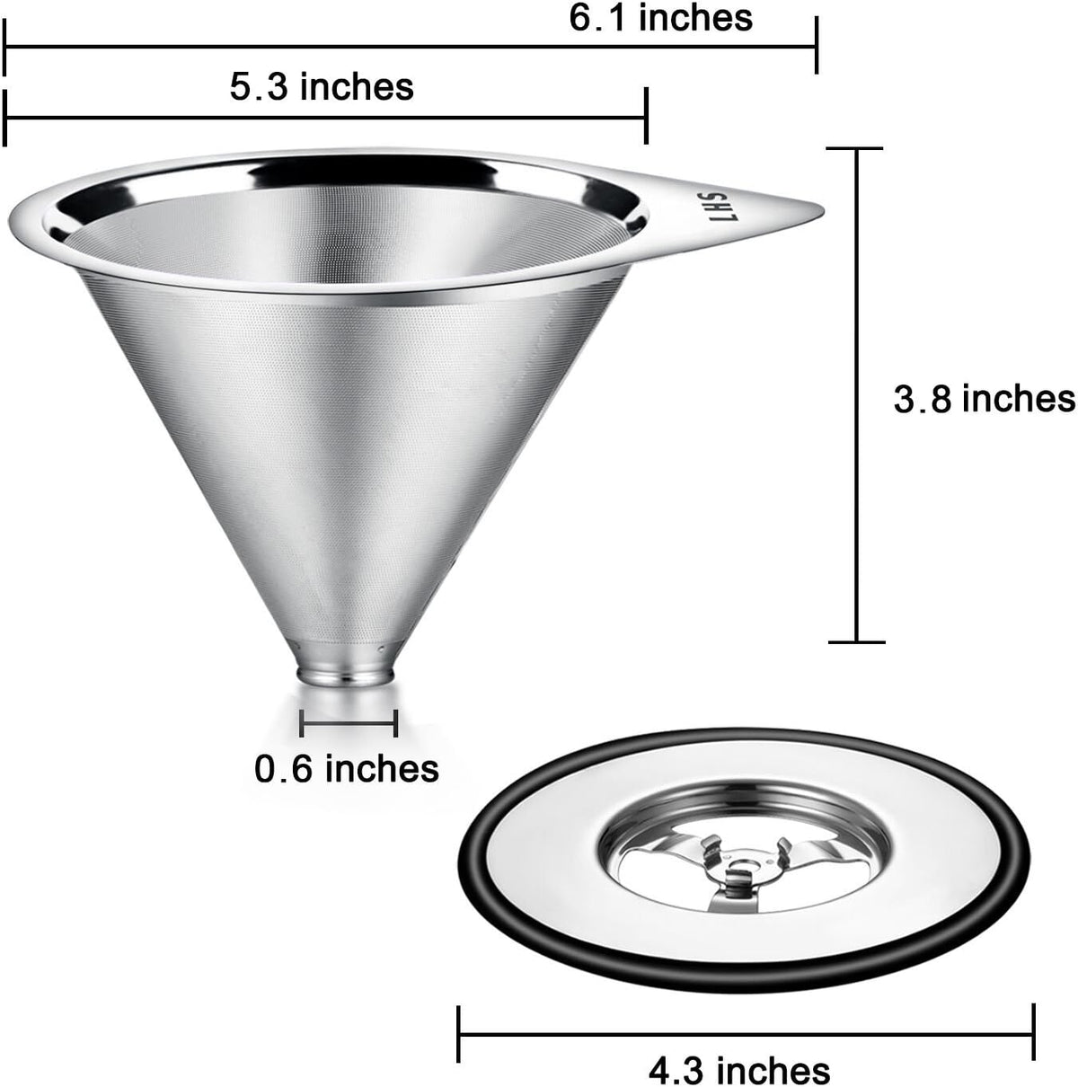 LHS Pour Over Coffee Dripper Stainless Steel Coffee Filter Metal Cone Filter Paperless Reusable Coffee Filter Single Cup Coffee Maker 1-4 Cup With Non-slip Cup Stand and Cleaning Brush
