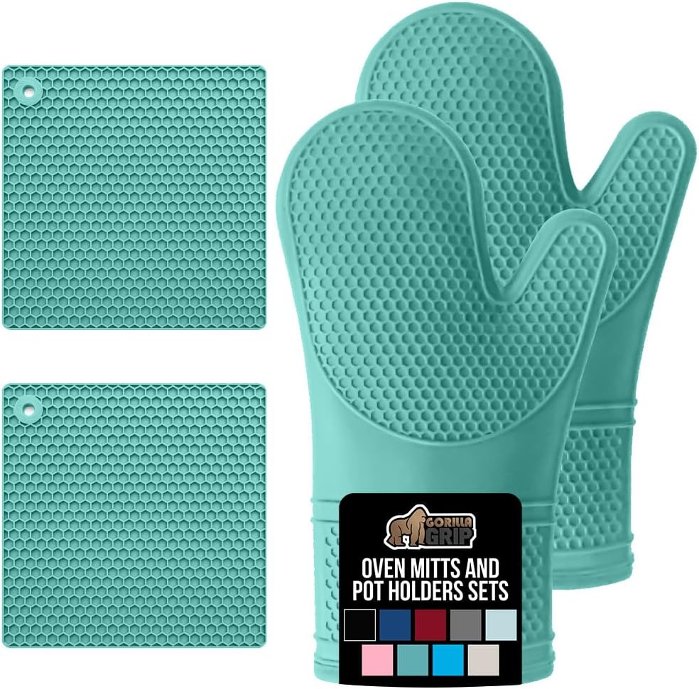 GORILLA GRIP BPA-Free Soft Silicone Oven Mitts and Pot Holders Sets, Heat Resistant Waterproof Cooking Gloves, Thick Cotton Lining, Flexible Gripping for Baking Grilling, Kitchen Trivets, Turquoise