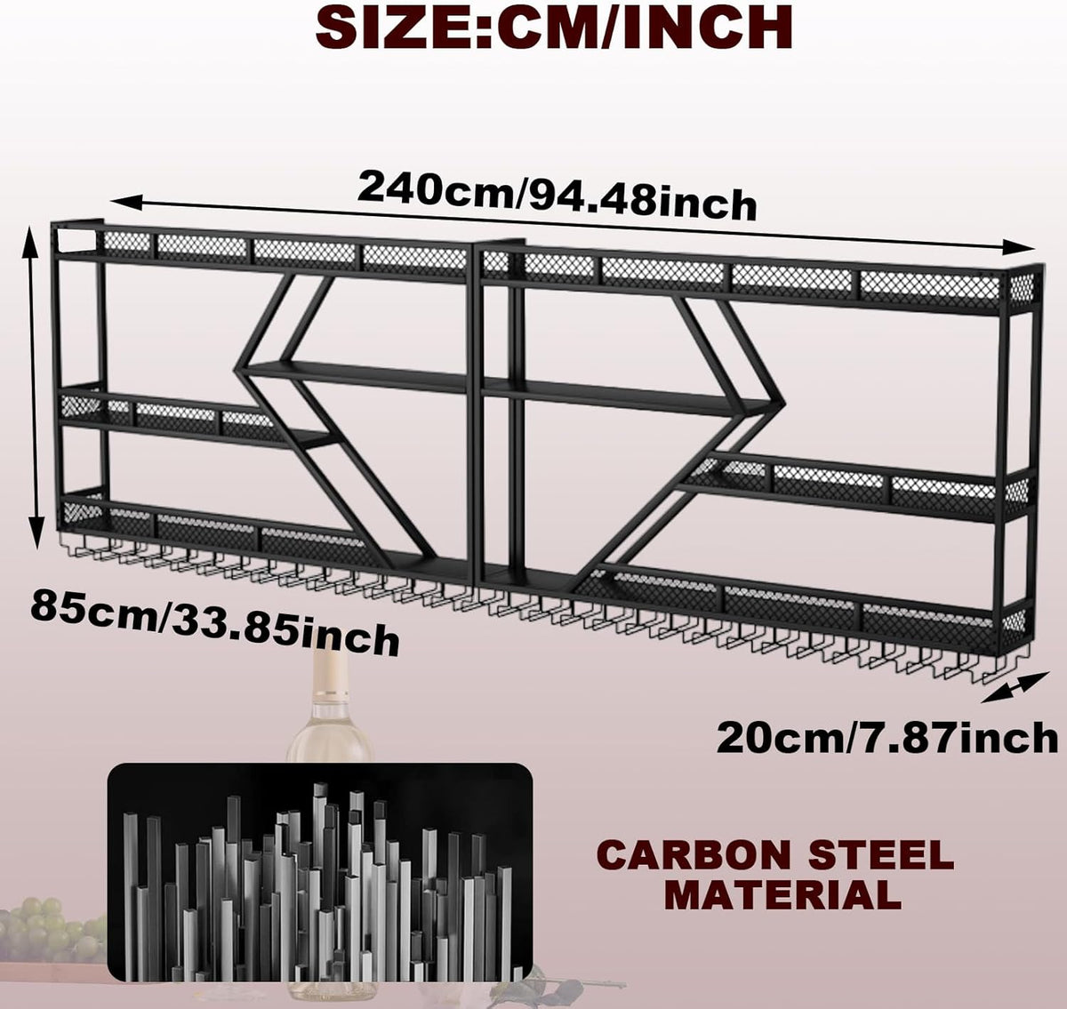 Metal Wine Rack Wall Mounted, Modern Wine Storage Rack Wall Mounted with Wine Glass Holder, Liquor Shelf, Bar Shelves for Liquor Bottles (3TIERS Black, 94.48 * 7.87 * 33.85INCH)
