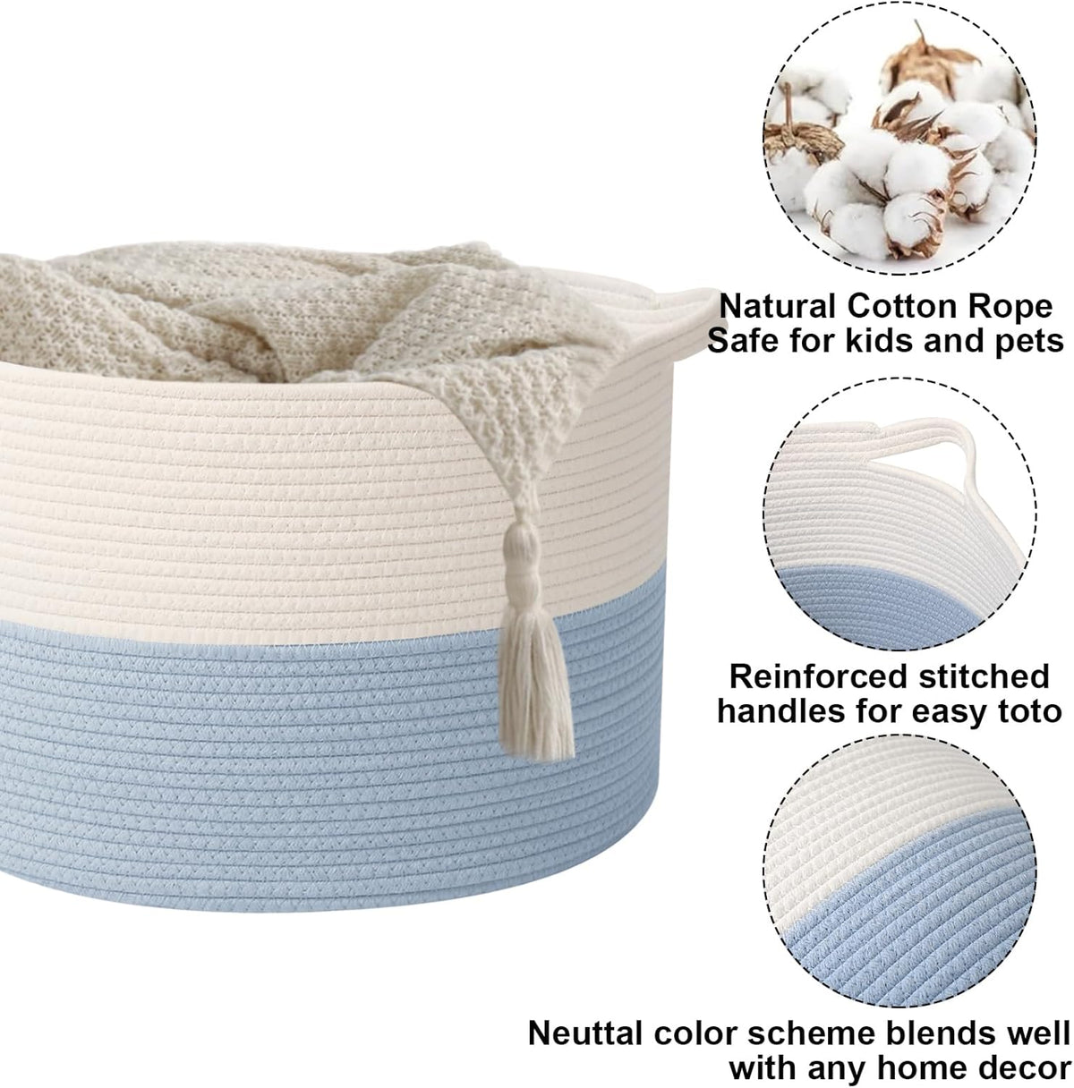 Large Blanket Basket for Organizing,65L Closet Organizers and Storage Bins Box for Shelves Woven Rope Storage Baskets,Living Room,Bedroom,Dorm,Laundry room (White&Blue)