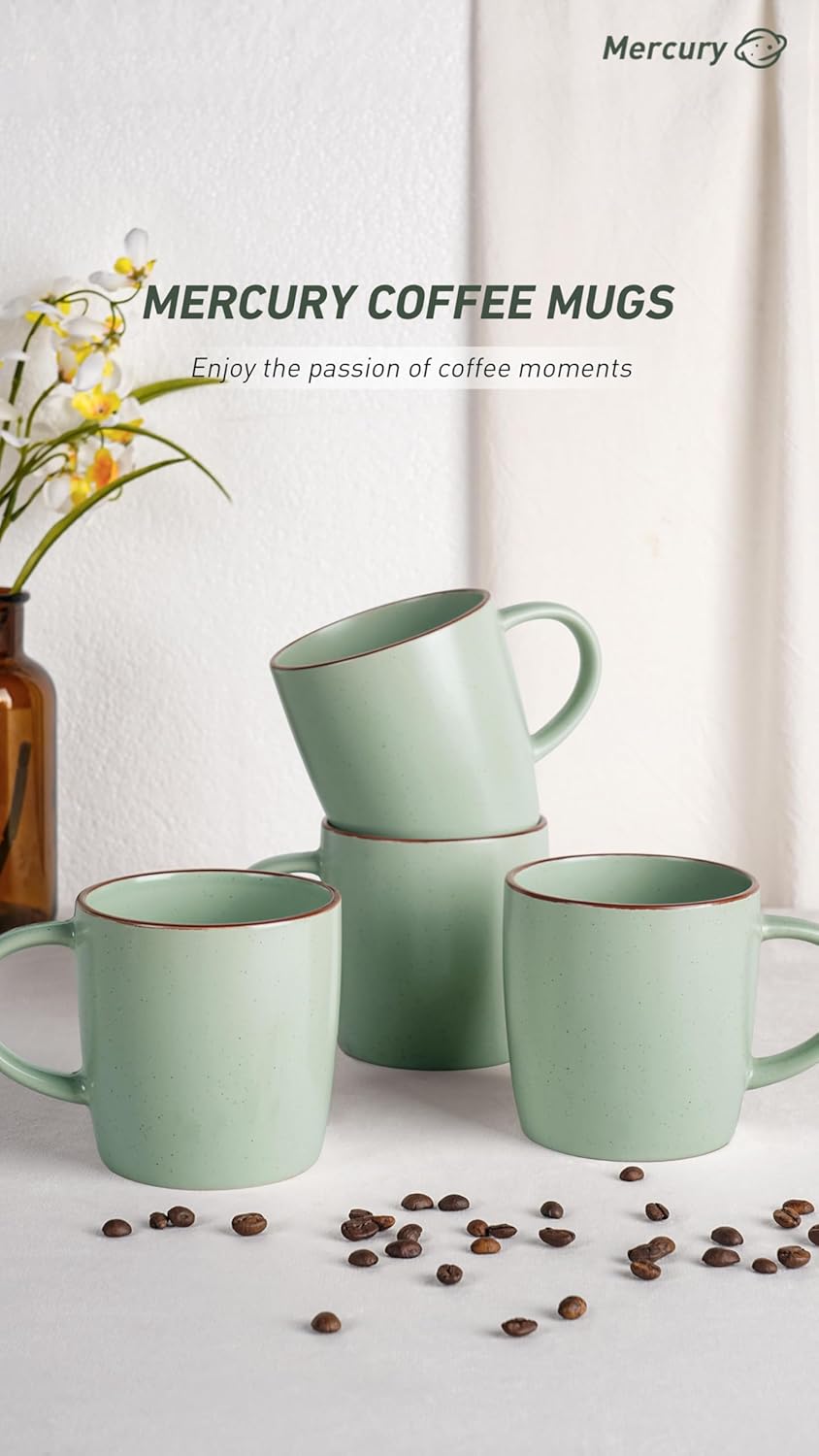 famiware Mercury Coffee Mugs 13 oz, Coffee Mugs Set of 4 with Handle, Cups for Latte, Hot Tea, Cappuccino, Mocha, Cocoa, Light Green