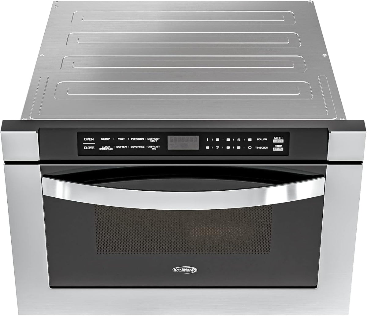 KoolMore KM-MD-1SS 24 Inch Stainless-Steel Microwave Drawer Capacity, 1000W Power with 10 Custom Cooking Levels, Memory, and Timer Functions, Wall-Mounted with Flat Bottom, 24 in/1.2 Cu. Ft