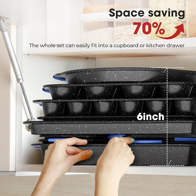 11-Piece Professional Stackable Baking Set, Oven-Safe Nonstick Cookware with Cool-Touch Handles - Features Cookie Sheet, Cake Pan, Muffin Tin, Pizza Stone & Bread Loaf Pan, Black&Blue