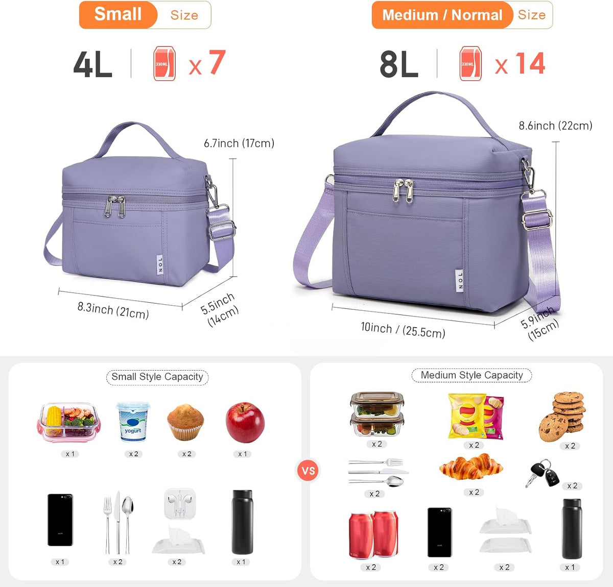 NOL Natural Organic Lifestyle Insulated Lunch Bags for Women Cooler Bag Lightweight Nylon Waterproof Lunch Box For Work (Small, Light purple)