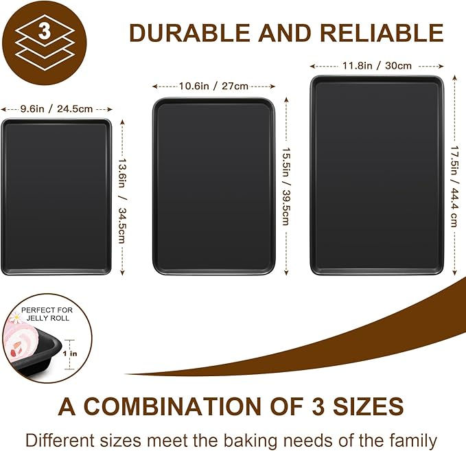 Baking Sheet Pan Set of 3, Commercial Cookie Sheets for Baking, Nonstick Half/Quarter/Jelly Roll Pans Replacement Toaster Oven Tray, Heavy Duty & Easy Clean, Dark Black