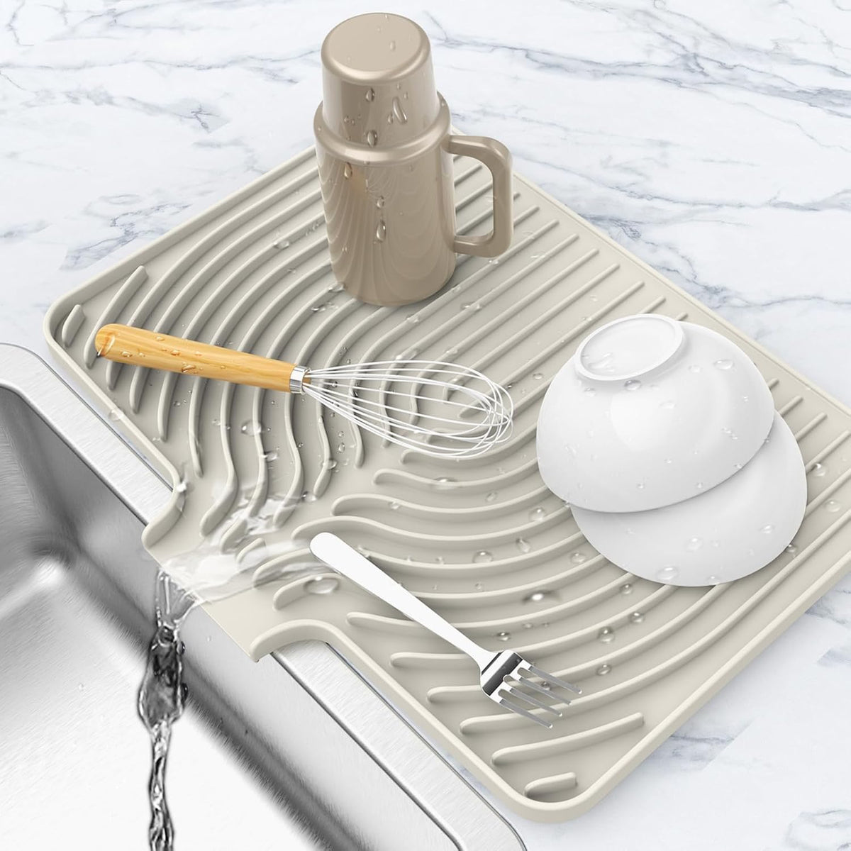 Dish Drying Matt for Kitchen Counter,18"×12"Silicone Dry Rack Mat with Built in Drain, Kitchen Dry Mats for Dishes Drying Pad for Counter(18"×12"Cream)