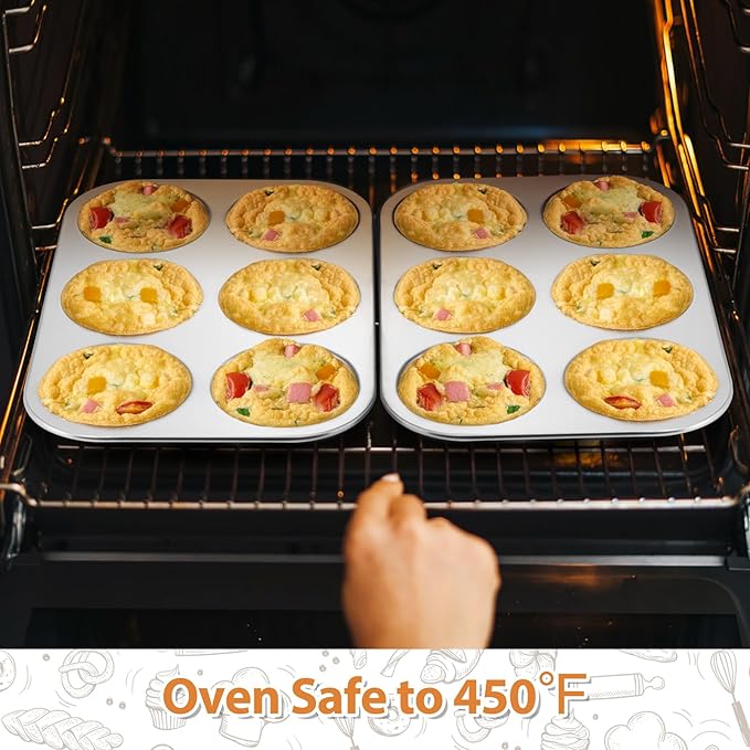 E-far Muffin Top Pan, Stainless Steel 6-Cavity Shallow Cupcake Pan for Baking Whoopie Pie, Yorkshire Pudding, Eggs, Cornbread, Drop Cookies, Non-toxic & Standard Size, Oven & Dishwasher Safe