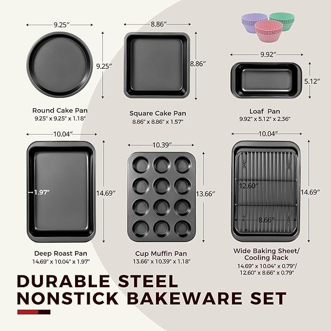 KITESSENSU Baking Pans Sets, Nonstick Bakeware Sets 19-Piece with Round/Square Cake Pan, Loaf Pan, Muffin Pan, Cookie Sheet, Roast Pan, Cooling Rack, Carbon Steel Bake Set