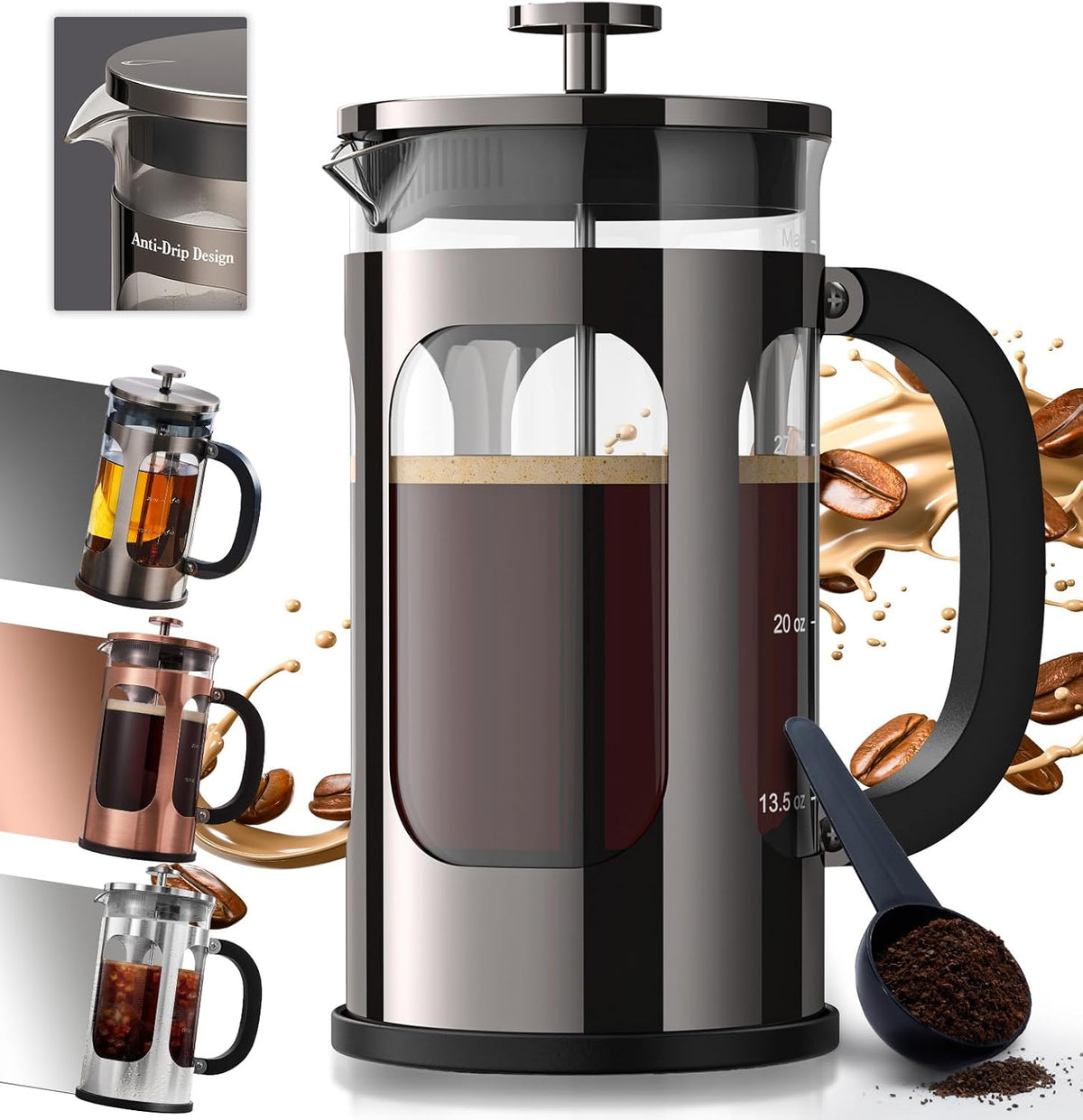 BAYKA French Press Coffee Maker 34 Ounce 1 Liter, Borosilicate Glass Stainless Steel Brewer, Large Portable Cold Brew Cafetera Teapot for Kitchen Travel Camping Coffee Bar Accessories, Dark Pewter