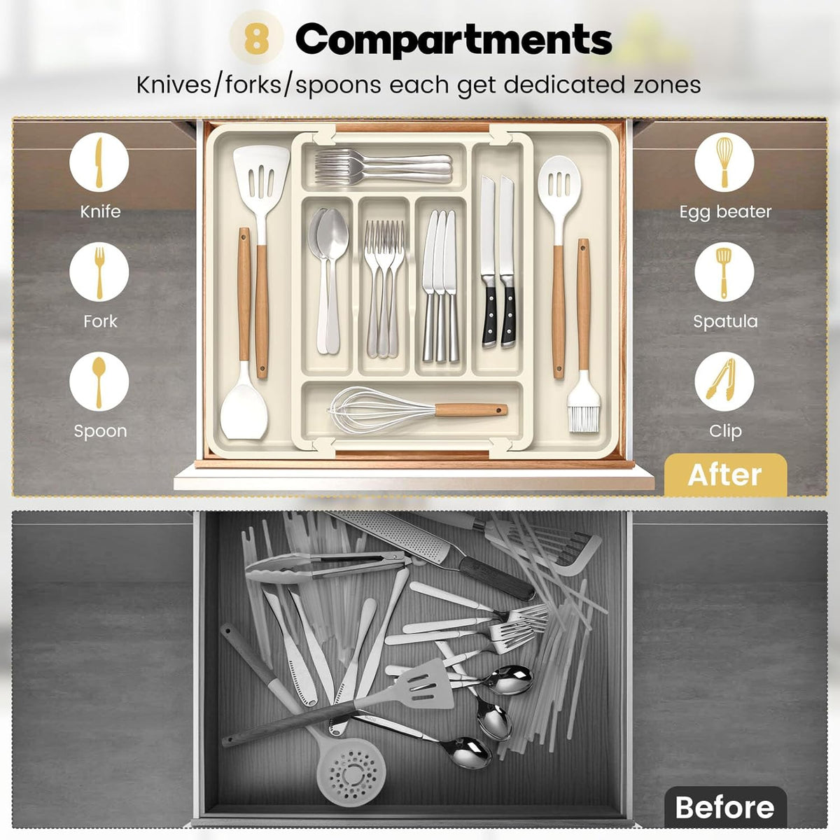 Caperci Large Silverware Organizer for Kitchen Drawer & Utensils - Expandable Drawer Organizer for Cutlery, Flatware & Gadget, BPA-Free Thick Plastic, Wider Compartments & Non-skid Feet (Tofu)