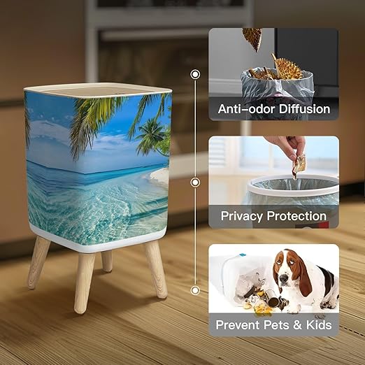 Small Trash Can with Lid Maldives Island Wastebasket with Press Cover Dog Proof Garbage Can Waste Bin for Kitchen Bathroom Nursery 2.6 Gallon