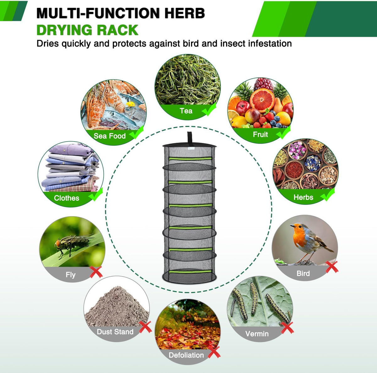 Yesker 6 Layer Herb Drying Rack Hanging Mesh Net Foldable Plant Drying Racks 24" w Green Zipper Pruning Shears Dryer Hanging Rack for Herbs Seed Bud Fruit Clothes Grow Tent Closet Garden Outdoor 2 PCS
