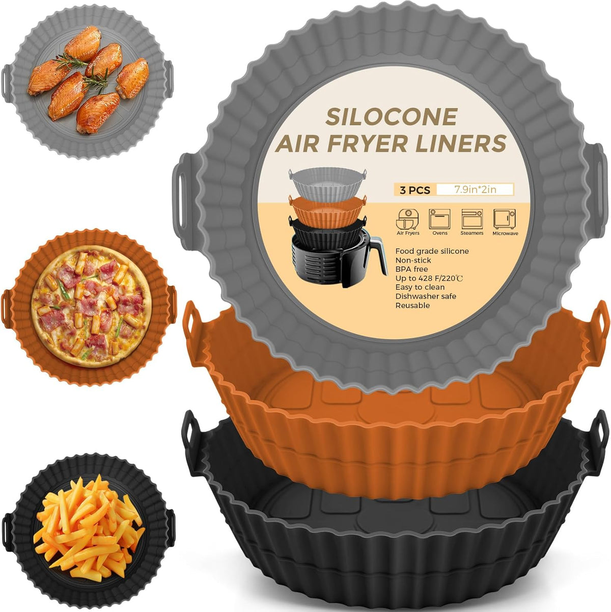 Beauty 3 Pack Air Fryer Liners - 8 Inch Silicone Pot, Reusable Food Grade, Baking Basket Accessories, Replacement for Flammable Disposable Parchment Paper