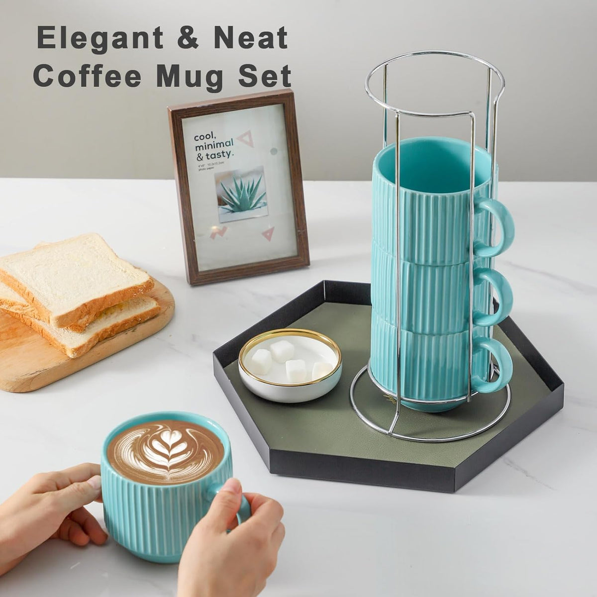 Hasense 15 oz Coffee Mug Set of 4 with Stand - Stackable Large Ceramic Ribbed Latte Cup Set for Cappuccino, Tea, Hot Cocoa, Drinks - Dishwasher & Microwave Safe, Turquoise
