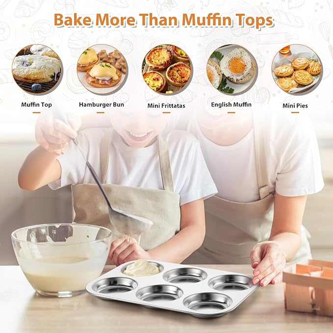 E-far Muffin Top Pan, Stainless Steel 6-Cavity Shallow Cupcake Pan for Baking Whoopie Pie, Yorkshire Pudding, Eggs, Cornbread, Drop Cookies, Non-toxic & Standard Size, Oven & Dishwasher Safe