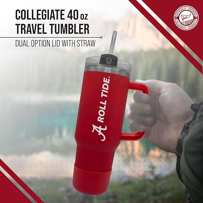 Campus Colors College & University 40 oz Travel Tumbler With Handle - Dual Option Lid With Straw - Vacuum Insulated Stainless Steel (Alabama Crimson Tide - Crimson)