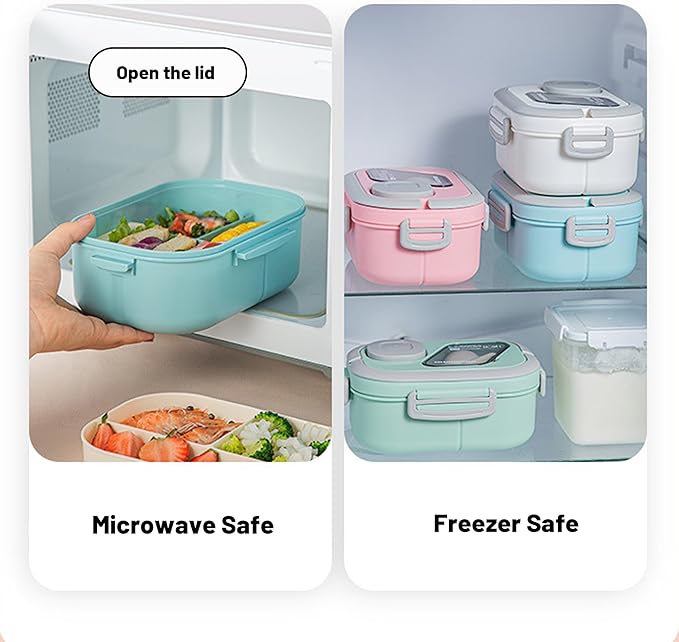 Adults Bento Lunch Box,Salad Container Large 43oz Salad Bowl, Bento-Style Tray for Toppings, 3oz Sauce Container for Dressings, and Built-In Reusable Fork