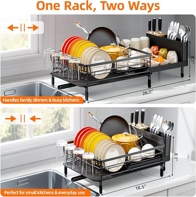 Urackify Large Dish Drying Rack, Expandable Dish Racks for Kitchen Counter, Multifunctional Dish Drainer with Utensil Holder & Cup Holder, 18.5"-26.7" L x 12.7" W, Black