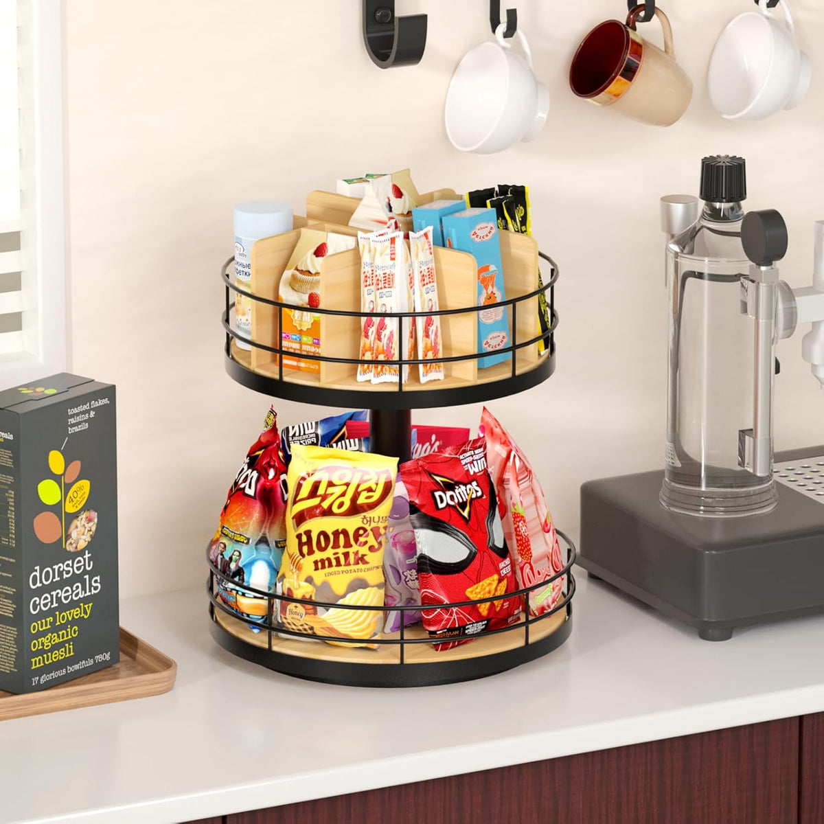 Snack Organizer - Versatile Snack Storage 2 Tier Lazy Susan with Convenient Grab-and-Go Design, Wood and Metal Snack Holder for Home, Office, Breakroom, 12.13" L x 12.13" W x 12.56" H