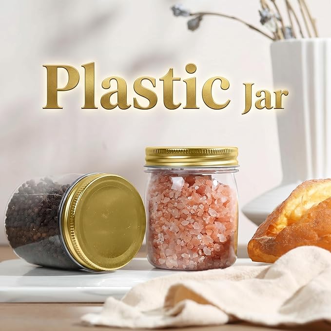 novelinks 8 oz Clear Plastic Jars with Airtight Lids, 48 Pack Plastic Mason Jars with Lids 8oz, Refillable Storage Slime Containers & Small Spice Jar for Kitchen Organization (48 Pack,Gold)
