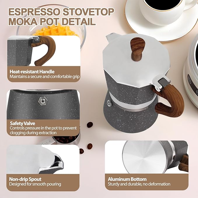 Aluminum 6 Cup 300ml Moka Pot Express Coffee Maker Stovetop Espresso Colorful Coffeemaker Italian Classic Style Brewing Greca Cafe Mocha Machine for Cafeteras Lover Camping Travel and Home Use 10oz