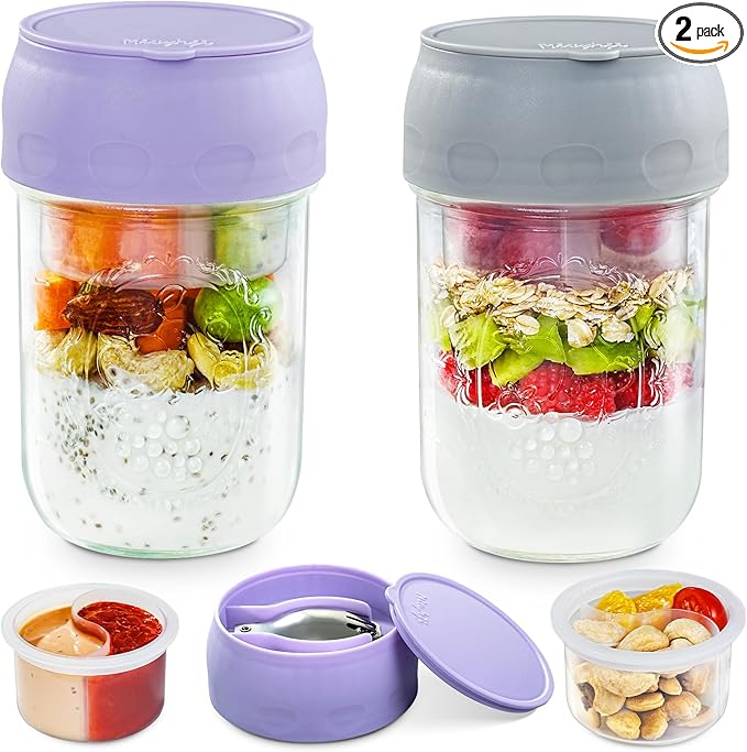 Miuyhji Overnight Oats Containers with Lids, 2-Pack Glass Mason Jars 16 oz with Lids, Folding Spoons and Separated Compartment, for Chia Pudding, Yogurt, Salad, Parfait Cups (Gray/Purple)