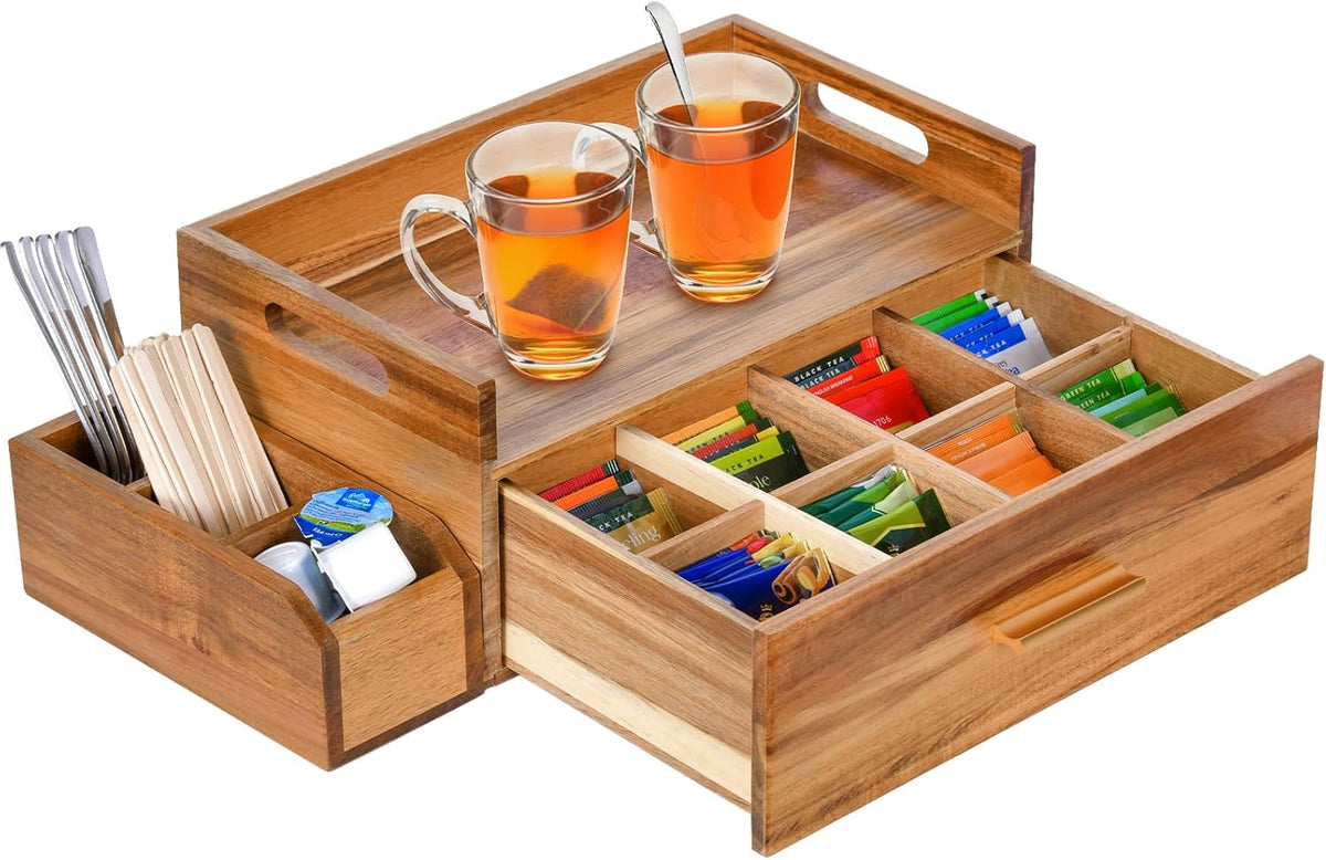 Acacia Wood Tea Bag Organizer, Wooden Tea Bag Storage Box Holder with Drawer for Kitchen Office Tea Bar Countertop