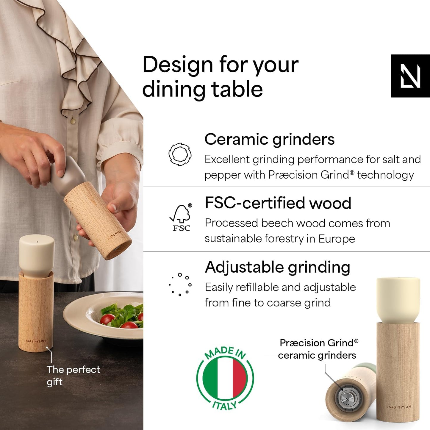 LARS NYSØM Wooden Salt and Pepper Grinder Set Manual - Salt and Pepper Mills with Adjustable Ceramic Grinder - Elegant Beechwood Pepper and Salt Mill Set for Dining Table (Green/Beige)