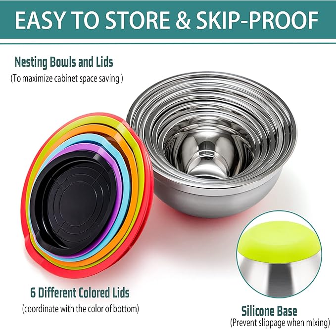 P&P CHEF Mixing Bowls With Lids, Set of 6, Stainless Steel Nesting Mixing Bowls & Fitting Lids & Non-Slip Silicone Bottom, Ideal for Mixing, Storing, Size 0.7/1/1.5/2.5/3/4.6 Qt, Multicolor