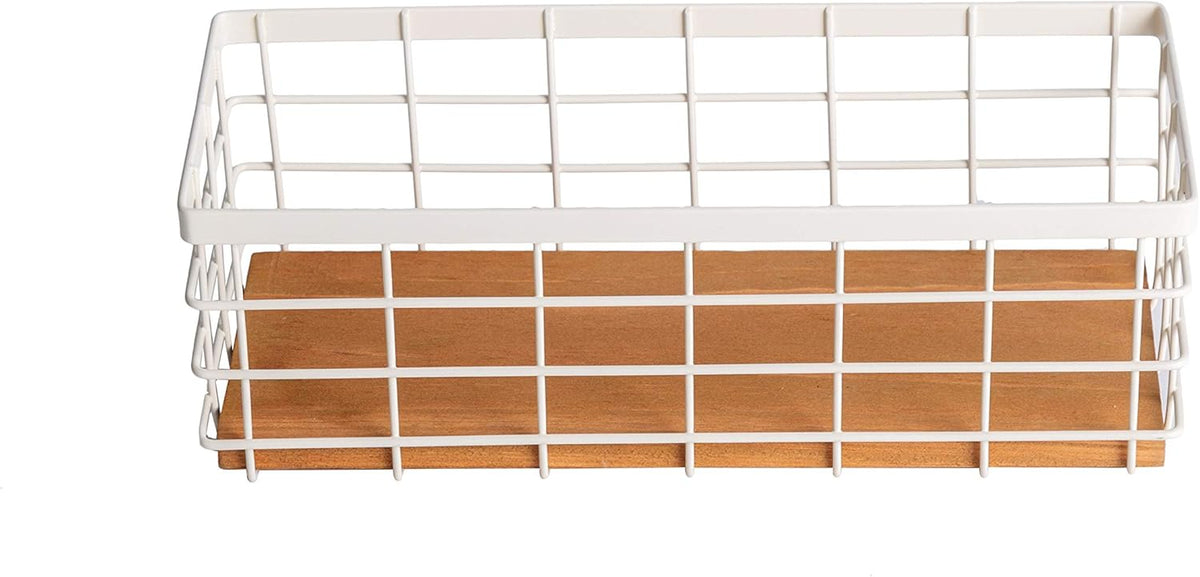 TIEYIPIN Small Metal Wire Storage Basket, Detachable Wood Base Storage Organizer Bin Basket for Kitchen Cabinets, Bathroom, Pantry, Garage, Laundry Room (Cream White, 2 Pack)