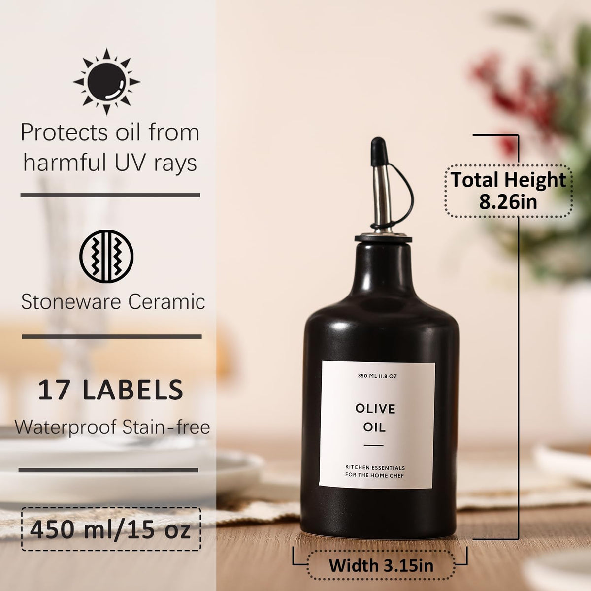 HOMCDALY Ceramic Olive Oil Dispenser Bottle, 16oz Oil Dispenser Bottle for Kitchen, Oil Container, Kitchen Oil Dispenser（Black）
