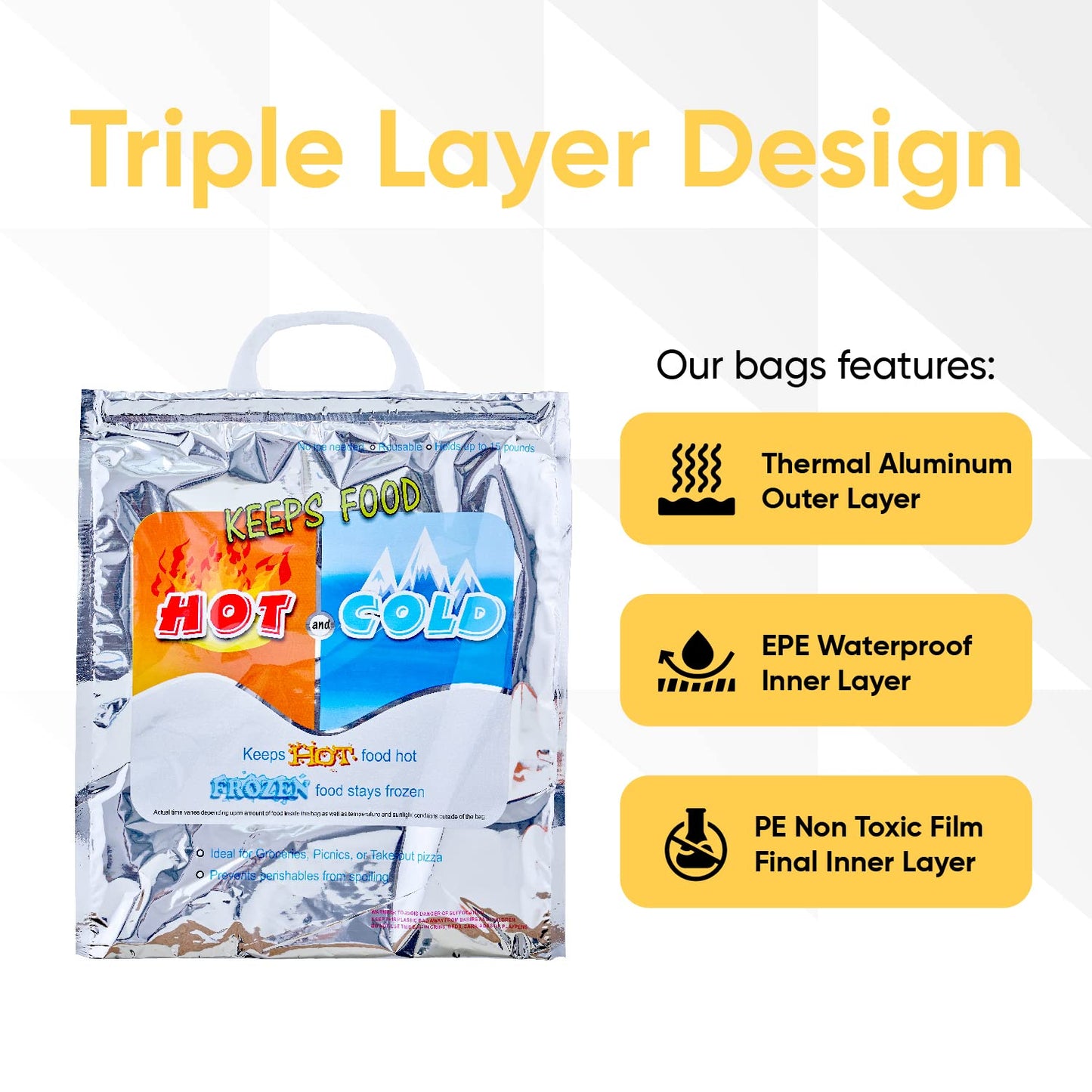 Superio Hot and Cold Insulated Bags for Food Delivery, Grocery Shopping Bags, Food Storage for Hot and Frozen Food for Travel, Disposable Cooler Bag, Reinforced Thermal Lunch Bag (12, 13.5"x17.5")