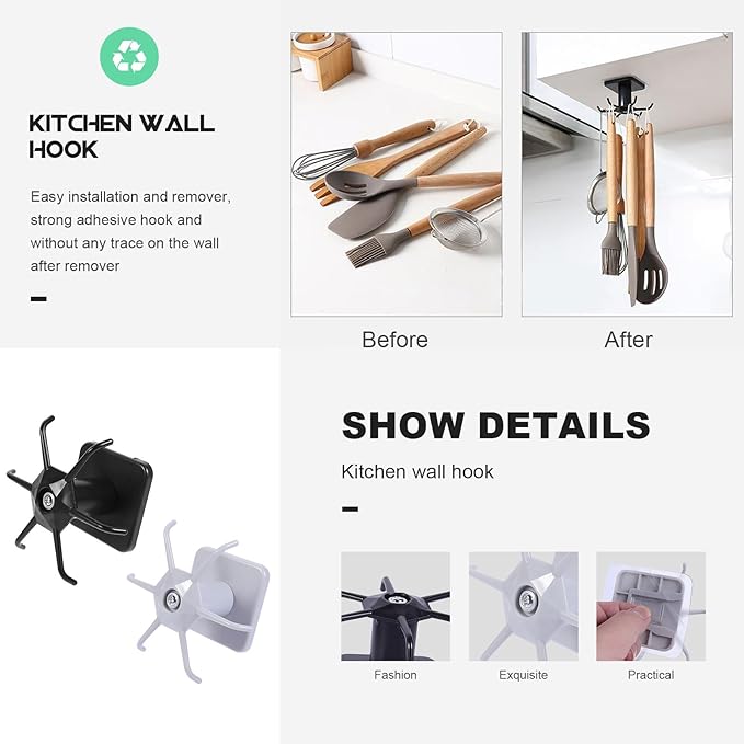 DOITOOL Wall-Mounted Kitchen Utensil Hooks Set, 2pcs Punch-Free Wall Organizer Hooks in Black and Gray White, Space-Saving Hanging Rack for Spatulas and Spoons, Kitchen Storage Solution