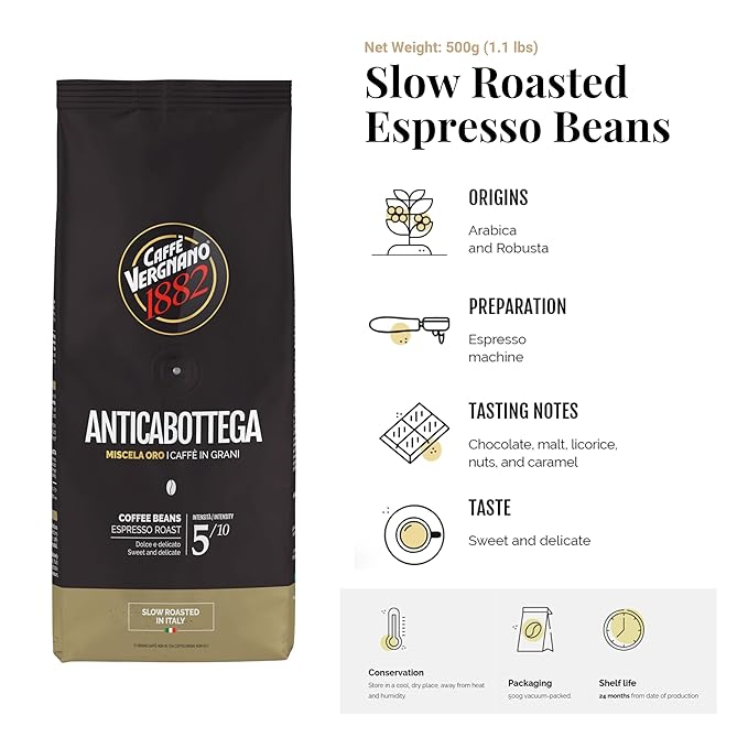 Caffe Vergnano Antica Bottega Whole Bean Coffee 1.1 lb Bag - Medium Roast Arabica Espresso Beans, Italian Coffee Chocolate Caramel Nut Notes - For Coffee Maker, French Press Espresso Maker, Moka Pot