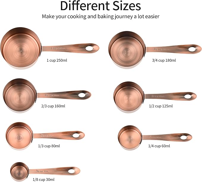 Copper Measuring Cups Set 7, Metric & US Stainless Steel Measuring Cups for Kitchen & Baking, Metal Measure Cup Set with 2/3 & 3/4 Measure Cups