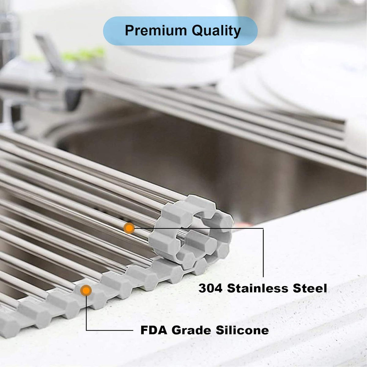 Searik Dish Drying Rack Roll Up Sink Drying Rack, Over The Sink Dish Rack Multi-Use Stainless Steel Dish Drainers Heat Resistant Mat for Drying Draining Trivet (17.7"x13.8")