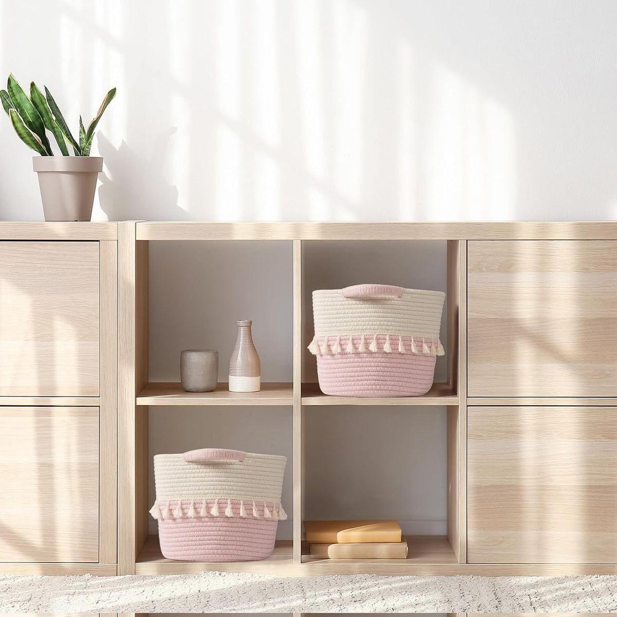 TeoKJ Storage Baskets 3 Packs, Storage Basket for toys,Towel, Storage Bins, Woven Basket for Shelves Bedroom Laundry Nursery, White & Pink
