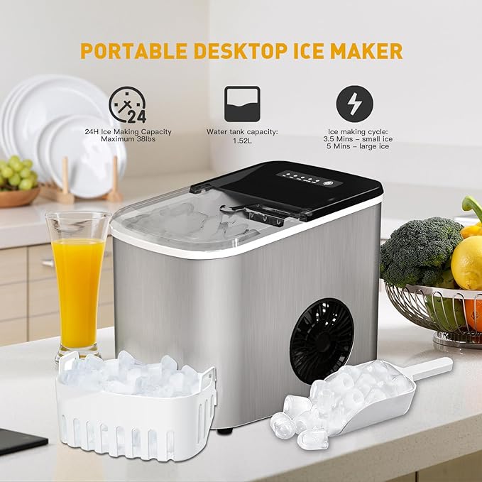 38lbs Per Day Countertop Ice Maker, 9 Ice Cubes in 3.5 Minutes, Self-Cleaning Portable Ice Machine with 2 Bullet Sizes for Kitchen, Camping, RV, and Party